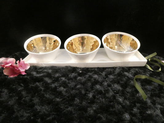 White & Gold trio Bowl set with Tray