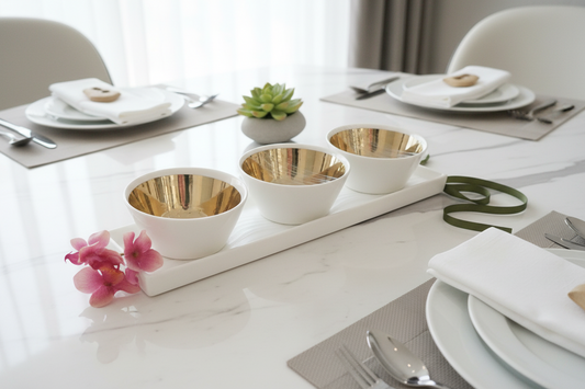 White & Gold Trio Bowl set with Tray