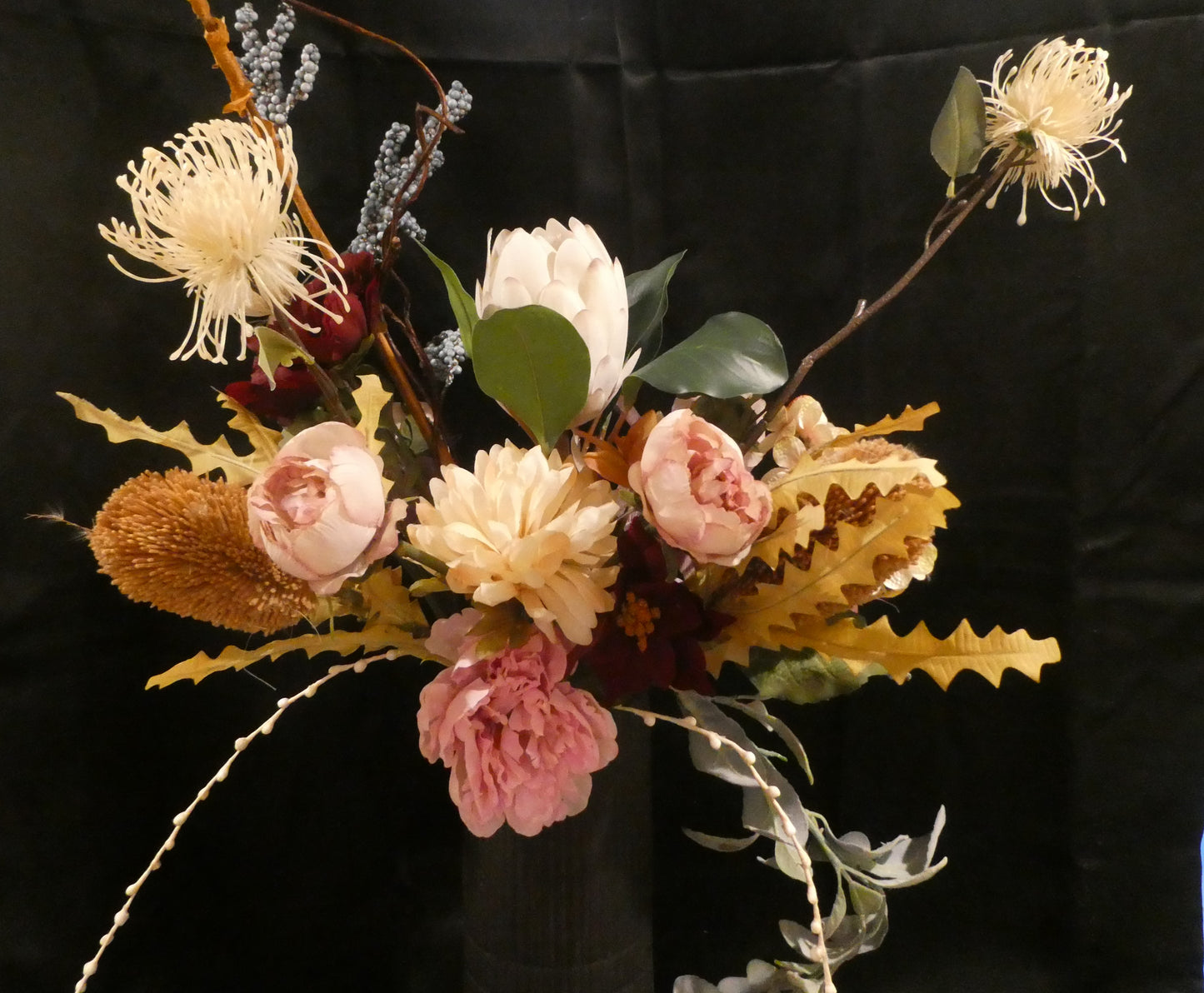 Elegant Berry & Cognac Florals in Black Ceramic fluted vase