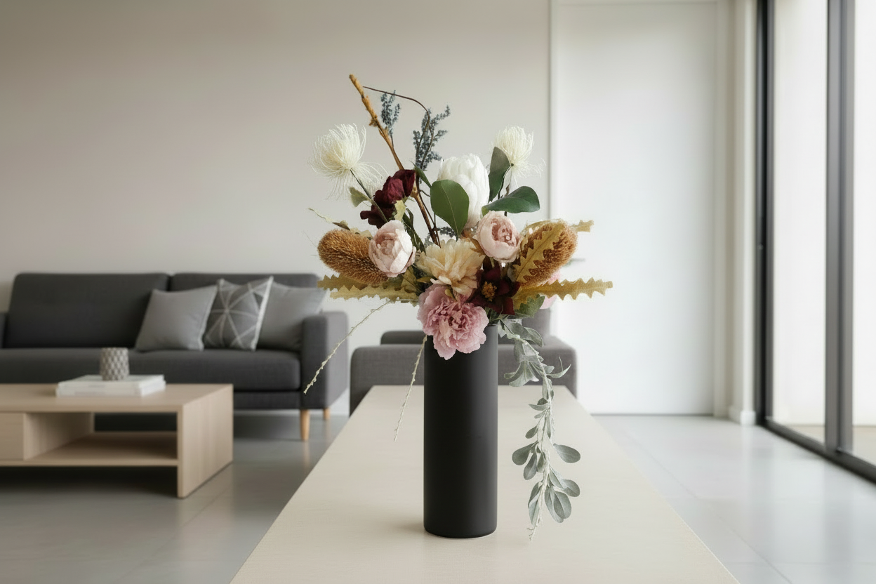 Elegant Berry & Cognac Florals in Black Ceramic fluted vase