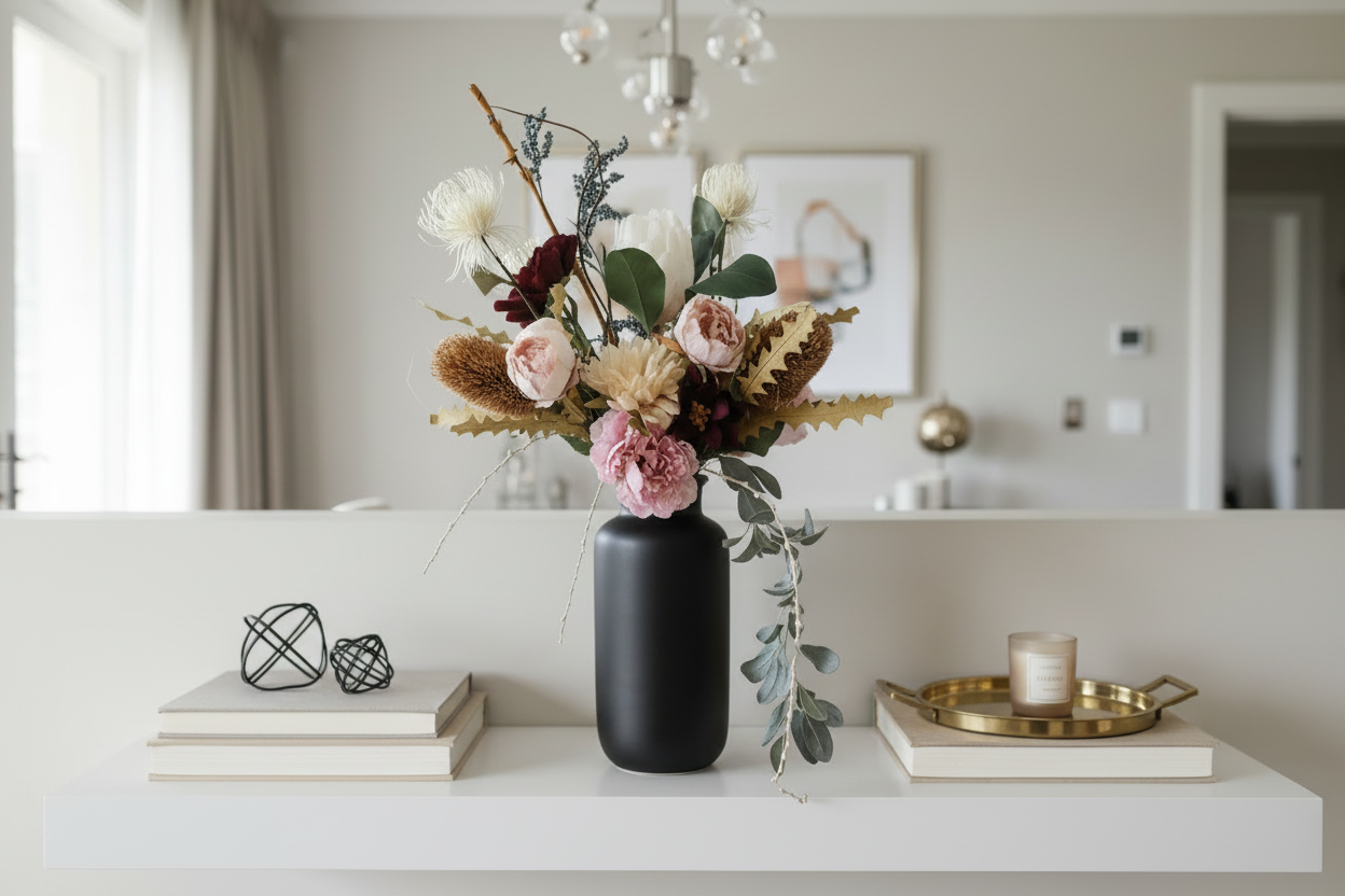 Elegant Berry & Cognac Florals in Black Ceramic fluted vase
